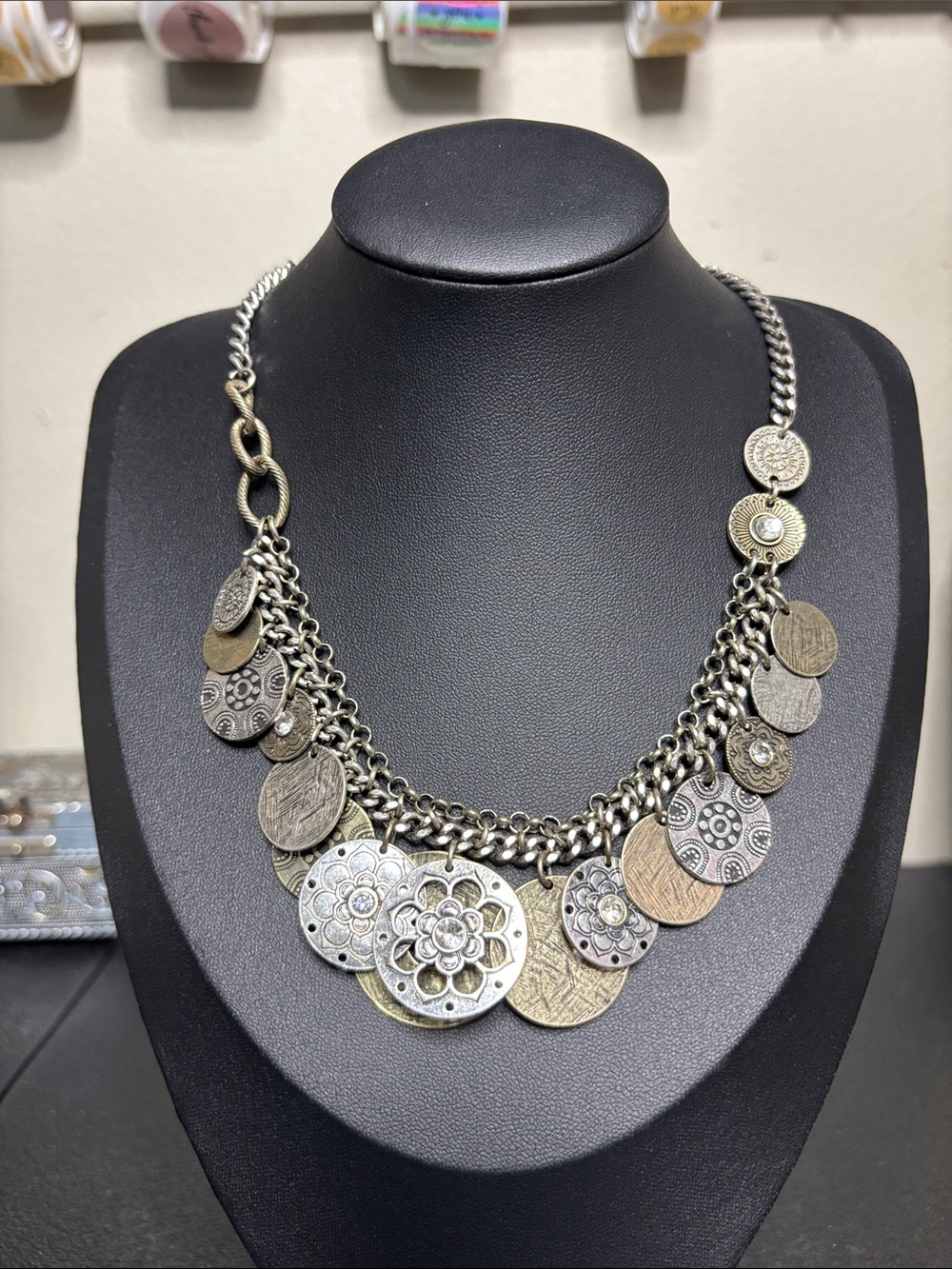 Two-Tone Coin Medallion Statement Necklace - Silver & Gold
